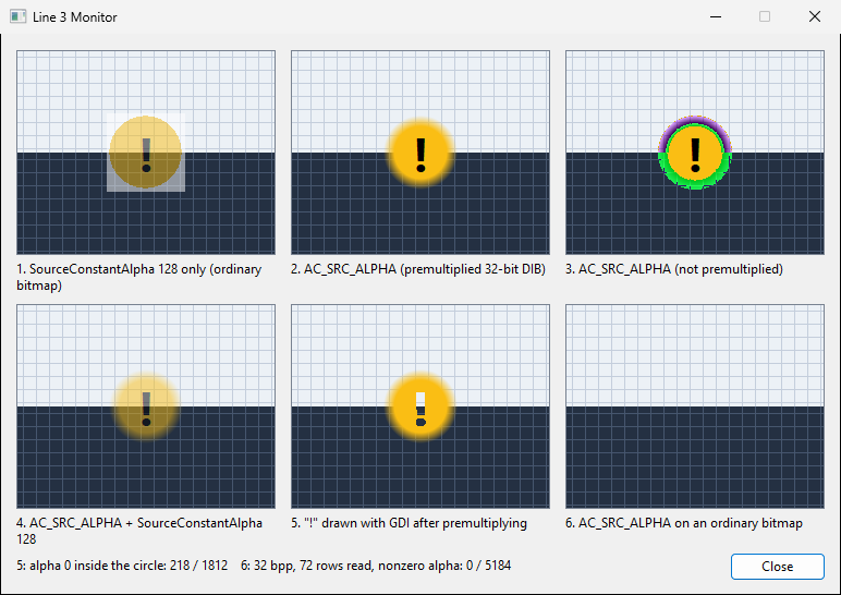 A dialog with six panels that draw a yellow warning badge over a light and dark grid. Panel 1 shows the badge faded with its white square. Panel 2 shows only the round badge with a soft edge. Panel 3 has a purple and green ring around the badge. Panel 4 is round and faded. In panel 5 the grid shows through the exclamation mark. Panel 6 is empty.