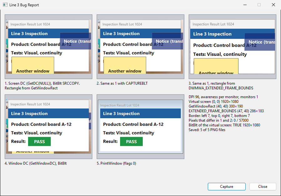 A dialog with five panels, each showing a capture of the Inspection Result window. Panels 1 and 2 have a strip of desktop on the left, right, and bottom, and show the yellow and translucent windows on top. Panel 3 shows only the window with both overlapping windows. Panels 4 and 5 show the PASS label that the yellow window hid. On the right, the measured rectangles and border widths are listed.