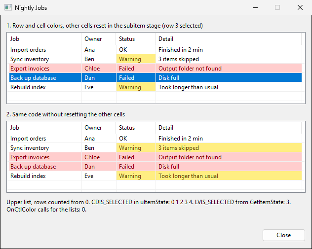 A dialog with two job lists. In the upper list, the Failed row has red text on a pink background, the Status cells of the two Warning rows are yellow, and the selected row is drawn with the blue highlight. In the lower list, the yellow also covers the Detail column of the Warning rows.