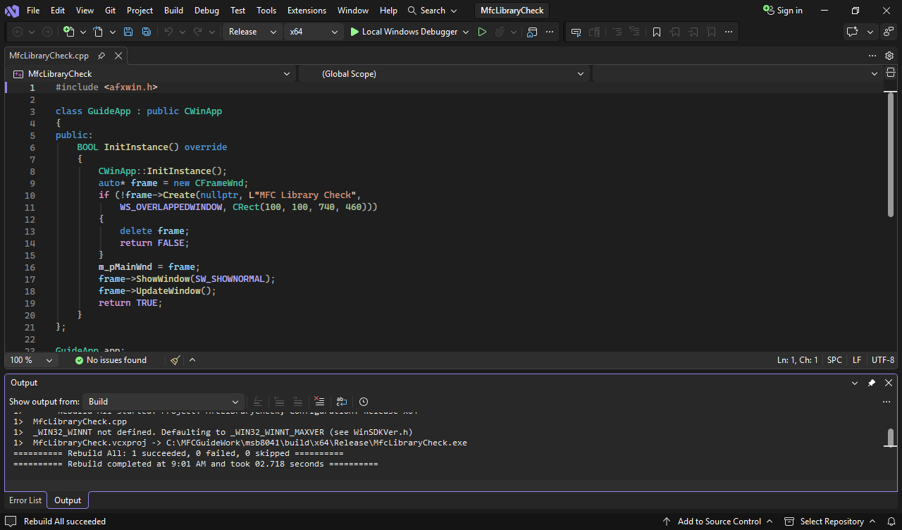 Visual Studio 2026 showing Rebuild All: 1 succeeded, 0 failed after installing MFC.