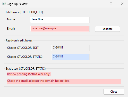 A Sign-up Review dialog. The Email edit box has red text on a pink background. Of two read-only edit boxes, the one checked as CTLCOLOR_EDIT keeps the default gray and the one checked as CTLCOLOR_STATIC is light blue. In the static text group, the first line is pink only behind the letters, and the second line is a full-width pink band.