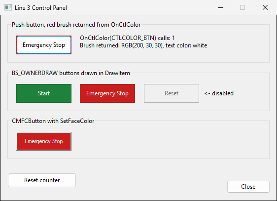 A dialog with three groups of buttons. The top Emergency Stop button, for which OnCtlColor returned a red brush, is still the default color. The owner-draw buttons in the middle and the CMFCButton at the bottom are green or red.